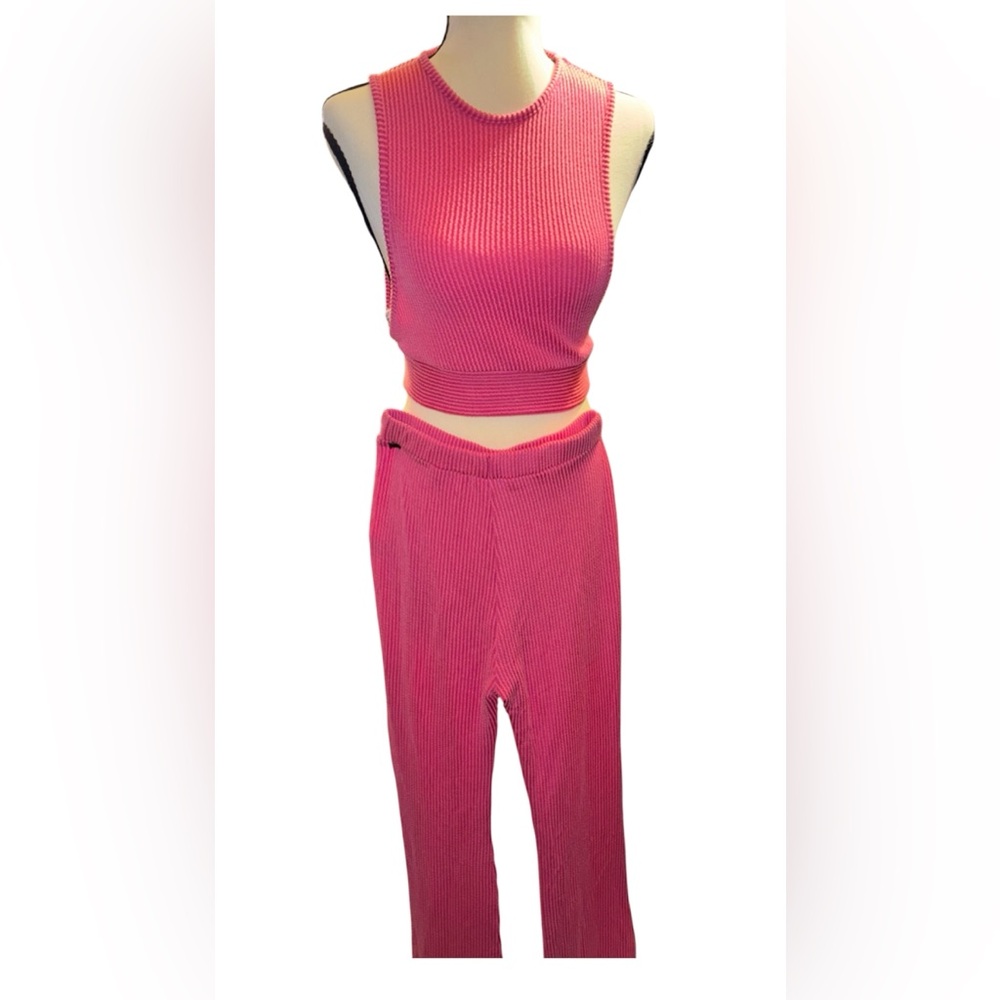 Pink Ribbed Knit Tank and Pants Set
